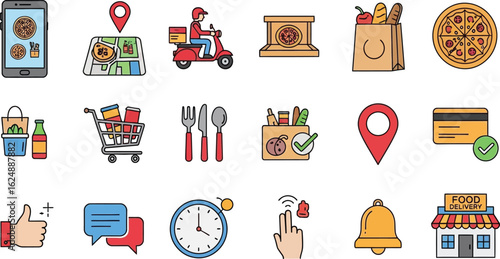 A collection of flat design icons illustrating various aspects of food delivery and online ordering services, including mobile apps, delivery vehicles, payme...