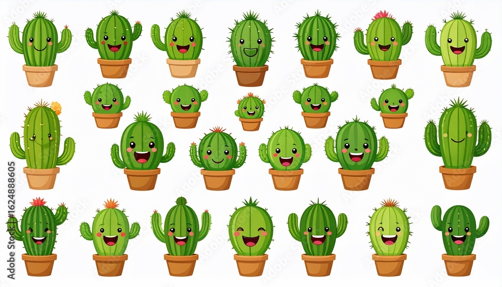 Obraz premium Cartoon cacti in pots, various smiles, sizes, and shapes