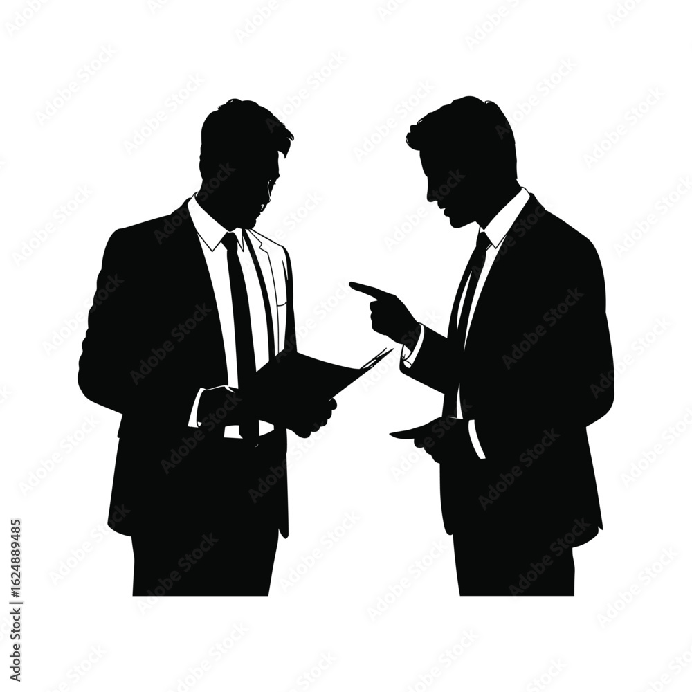 Fototapeta premium Two businessmen in silhouette discussing a document and pointing