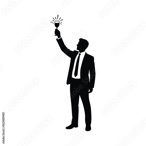 Silhouette of a businessman in a suit holding up a trophy or award