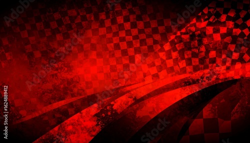 Red checkered flag-like background with abstract curving lines, grungy texture, and dark areas