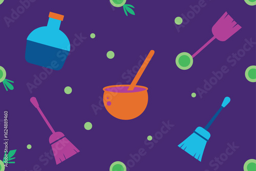 seamless vector design with flying broomsticks  po.eps