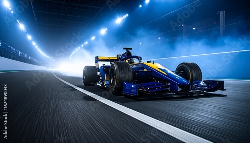 Blue and yellow race car speeds along dark track under bright lights