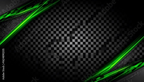 Black checkered background with neon green accents and textured corners
