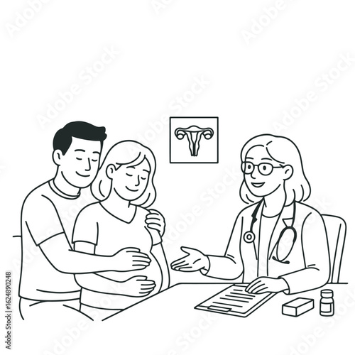 Family Planning Consultation. A couple is consulting a doctor about pregnancy. IVF treatment concept
