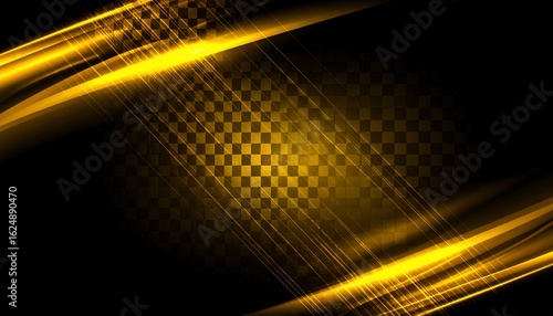 Golden streaks illuminate a checkered background on black, creating a dynamic, energetic design