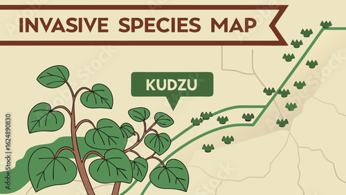 Invasive species map featuring kudzu plant and geographical distribution with green markers and pathways shown