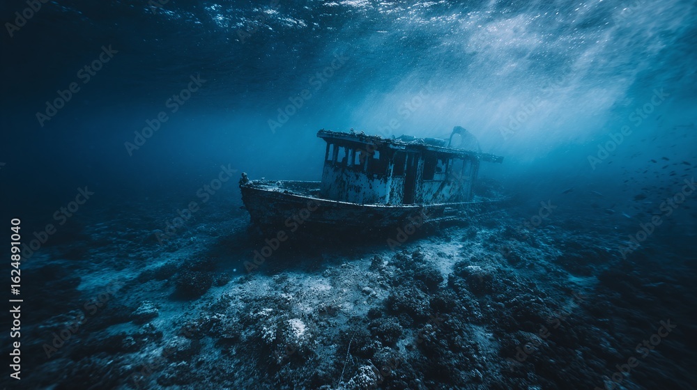 Fototapeta premium Underwater shipwreck, blue depths, lost vessel, aquatic graveyard, serene scene, mystery, nature's embrace, ocean's depths, historical artifact, submerged relic