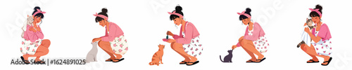 Vector of scenes of housewives feeding cats.