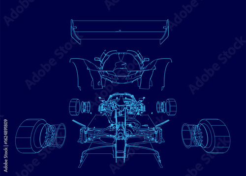 A detailed blueprint of a car highlights the aerodynamic chassis design on a vibrant blue background. The technical drawing showcases precise contours and sporty elements.