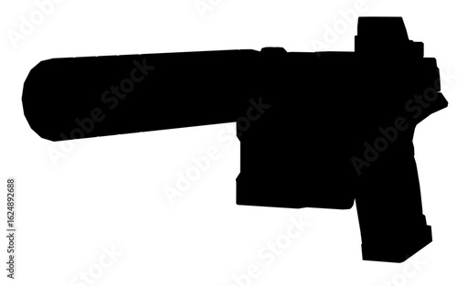 A black and white pistol silhouette with a silencer stands out against a clean white background. The stark contrast highlights the weapon's sleek, minimalist design. The image conveys a dramatic.