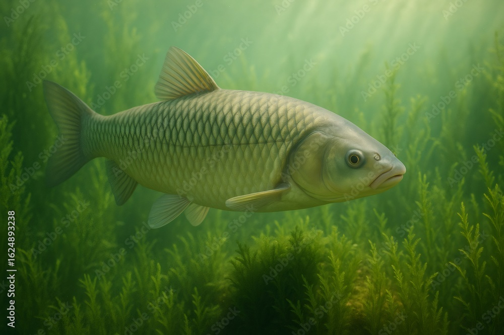 Fototapeta premium Grass carp gliding smoothly underwater, passing through green algae with soft sunlight casting ethereal glow across lake depths