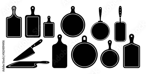 Black kitchen cutting boards and knife graphic set utensil