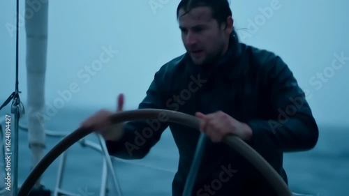 Captain Navigating a Sailboat Through a Ferocious Storm
