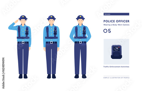 警察のDX化 証拠映像を記録するボディカメラを装着した女性警察官のベクターイラストセット