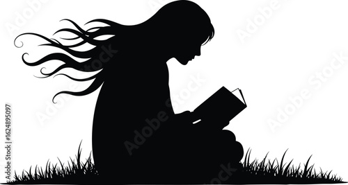 Silhouette of a woman with long hair reading a book in a peaceful meadow, symbolizing knowledge, imagination, relaxation, and the joy of reading outdoors.