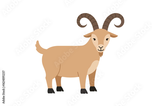 Tan goat with curled horns stands against a bright peaceful backdrop