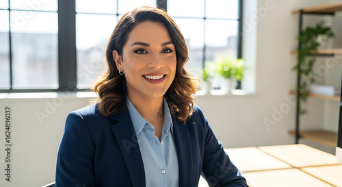 Portrait of a smiling woman in a blue blazer and light blue shirt in an office setting near a window