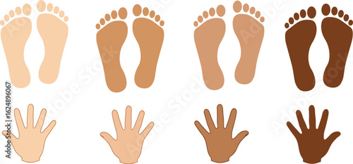 Diverse hands and feet prints, a colorful vector illustration symbolizing human diversity, multiculturalism, inclusivity, and the various races and ethnicities of humanity.