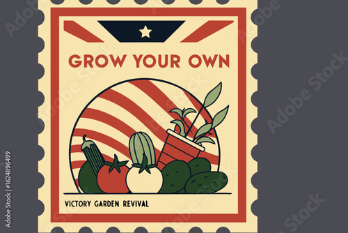 Illustration of a victory garden stamp with vegetables and a plant in a pot over a striped background
