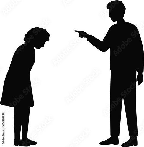 Silhouette of a man scolding a woman, a powerful image symbolizing conflict, domestic abuse, blame, and the stressful dynamics of relationship issues.
