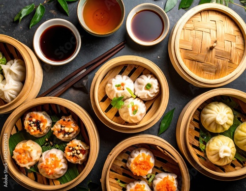 Wallpaper Mural Culinary Delight of Steamed Dumplings Arranged on Wooden Table Surrounded by Fresh Ingredients and Herbs Torontodigital.ca
