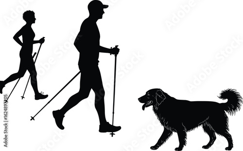 Couple nordic walking with their dog, a silhouette of a man and woman enjoying a healthy outdoor activity with their happy canine companion.