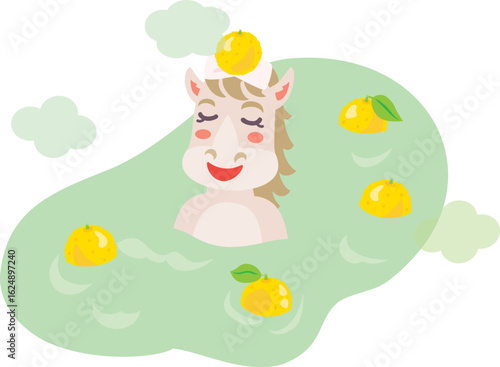 冬至に柚子湯に入る馬の女の子