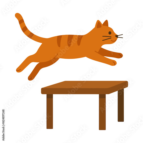 Illustration of a cat jumping high onto a table
