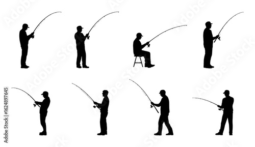 Fisherman silhouettes casting fishing rods reel