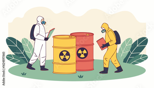 People with toxic waste concept. Workers in protective suits near waste colorful barrels. Pollution of nature and ecology, radiation and chemical trash. Cartoon flat vector illustration