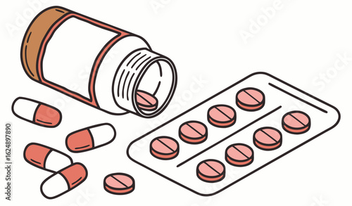 Set of medications. Collection of pills in package. Fever drugs, pharmaceuticals and treatment. Icons for medical website. Cartoon isometric vector illustrations isolated on white background