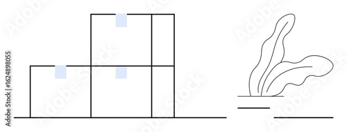 Stacked boxes with labels, orderly arrangement, and minimal plant outline. Ideal for organization, logistics, eco-friendliness, minimalism, sustainability inventory and balance. Simple flat