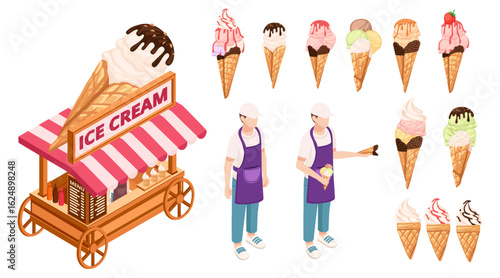 Isometric ice cream cart set. Cone varieties in different flavors. Vendors in purple uniforms. Pink striped stall. Waffle cones and sundaes. Mobile dessert kiosk. Vector illustration isolated