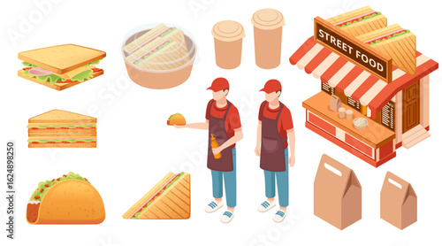 Isometric sandwich kiosk collection. Various sandwich types, taco, club sandwich. Paper takeaway bags. Staff in red uniforms. Food containers. Orange awning stall. Vector isolated