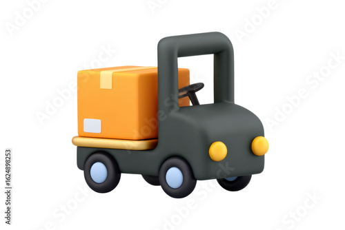 Toy delivery truck with package playroom 3d model fun close-up. Isolated on transparent background, png.