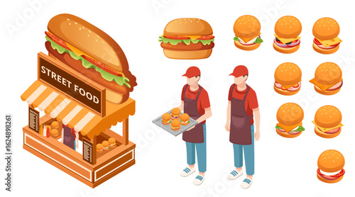Isometric burger stand set. Fast food cart with orange awning. Multiple burger styles. Staff in red uniforms. Street food kiosk design. Vector illustration isolated on white