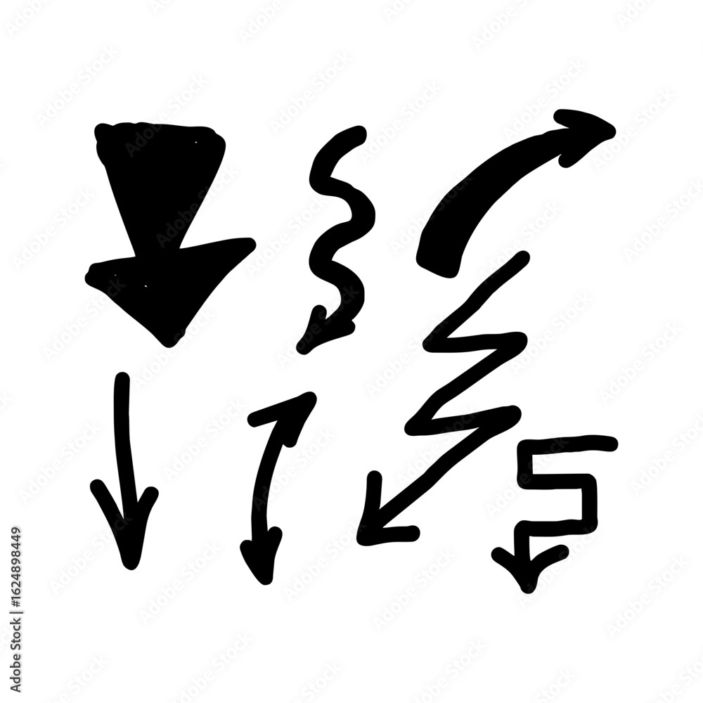 Fototapeta premium Hand-drawn black arrow vector set in bold marker style on transparent background. Sketch arrows for direction, UX design, note highlights, infographics, and educational illustrations.