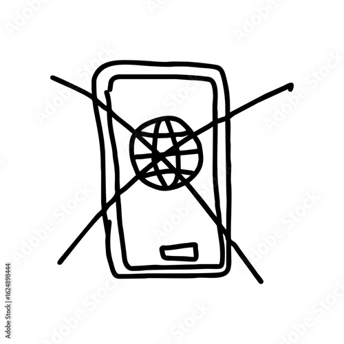 Hand drawn black doodle icon of crossed out smartphone with globe – minimal anti-internet digital detox symbol for mindfulness lifestyle content and wellness apps on transparent background