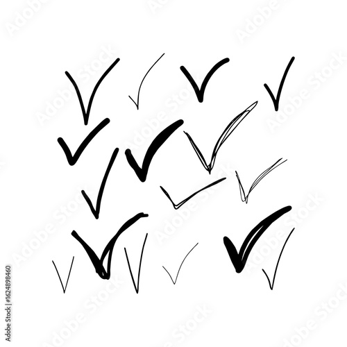 Hand-drawn black check mark vector set in bold sketch style on transparent background. Marker-style ticks for lists, approvals, to-dos, feedback, and digital interfaces.