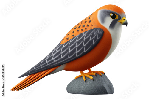 Colorful bird sculpture on rock studio 3d model creative view. Isolated on transparent background, png.