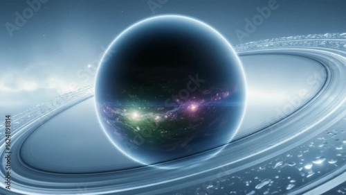 Futuristic glowing sphere with galaxy reflections abstract cosmic technology concept digital art background