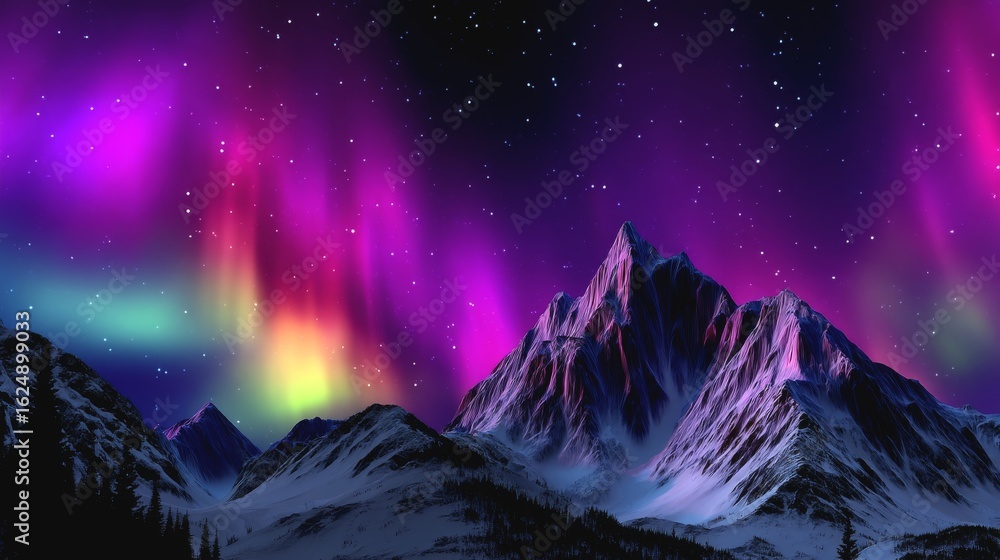 Fototapeta premium Stunning Northern Lights Over Majestic Mountains with Vibrant Colors in Starry Night Sky