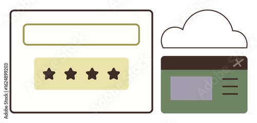 User interface showing a rating panel with stars, search bar, cloud storage icon, and dashboard layout. Ideal for data management, reviews, UIUX design, feedback, SaaS technology concepts simple