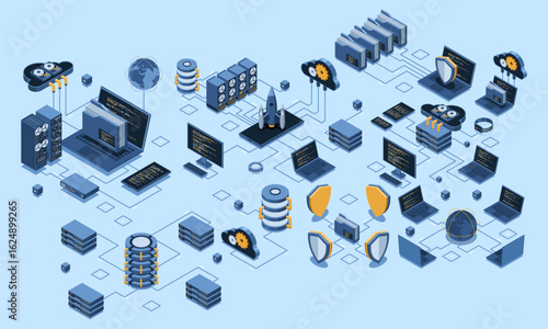 Isometric data network management. Cloud storage data and synchronization of devices. Networking, database, cloud storage. Isometric technology