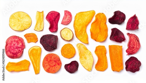 Assorted dried vegetable chips arranged in a grid on white background.