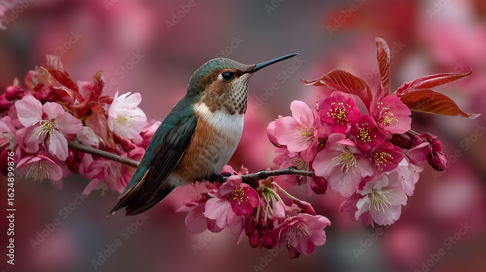 Naklejka premium Hummingbird Perched On Pink Blossoms