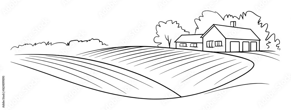 Fototapeta premium Rural landscape with house and fields trees