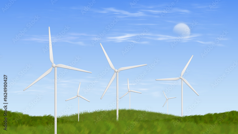 Wind turbines on green hills under clear blue sky, representing sustainable and renewable energy. Wind turbines on green hills under clear blue sky, representing sustainable and renewable energy.