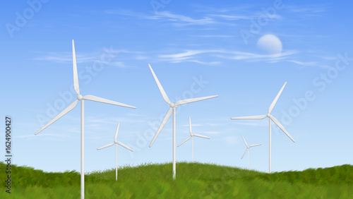 Wind turbines on green hills under clear blue sky, representing sustainable and renewable energy.